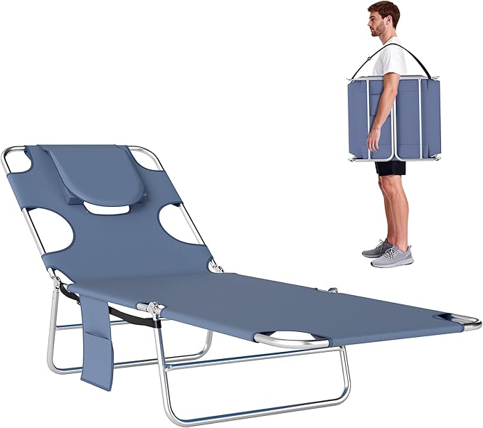 Outsunny Folding Beach Lounge Chair with Face Hole and Arm Slots, 5-Level Adjustable Sun Lounger Tanning Chair with Pillow for Patio, Garden, Beach, Pool, Gray