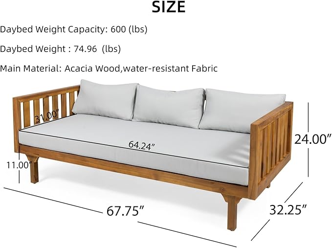 Merax Solid Acacia Wood Couch Chaise Lounge Chair Indoor, 3 Seater Daybed Sofa Couches with Cushions & Pillow, Heavy Frame Day Bed for Living Room, Office, Outdoor, Balcony, Patio, Water Resistant