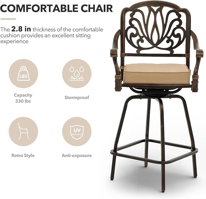 3 Piece Swivel Outdoor Table and Chairs Bar Set , All-Weather Cast Aluminum Outdoor High Top Patio Bar Set Bistro Set, High Swivel Stools with Cushions Umberlla Hole for Balcony, Poolside,Garden,Lawn