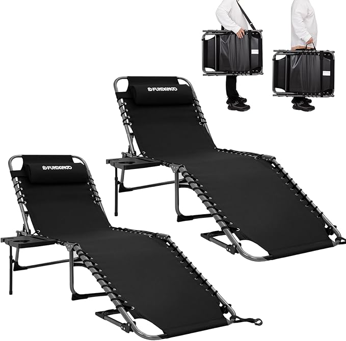 FUNDANGO Chaise Lounge Chair Outdoor, 5-Position Folding Tanning Chair with Detachable Side Table & Pillow, 180° Lay Flat Portable Beach, Heavy Duty U-Frame for Patio, Pool, Lawn, 265lbs（Black 2 pack）