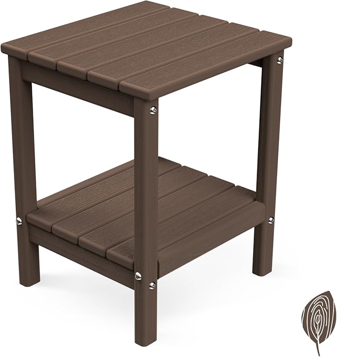 GREENVINES Adirondack-Outdoor-Side-Table | Wood Grain | 14 x 13 Inches | HDPE Plastic | All Weather | Dark Brown | Outside End Tables | Storage Shelf | for Patio Porch