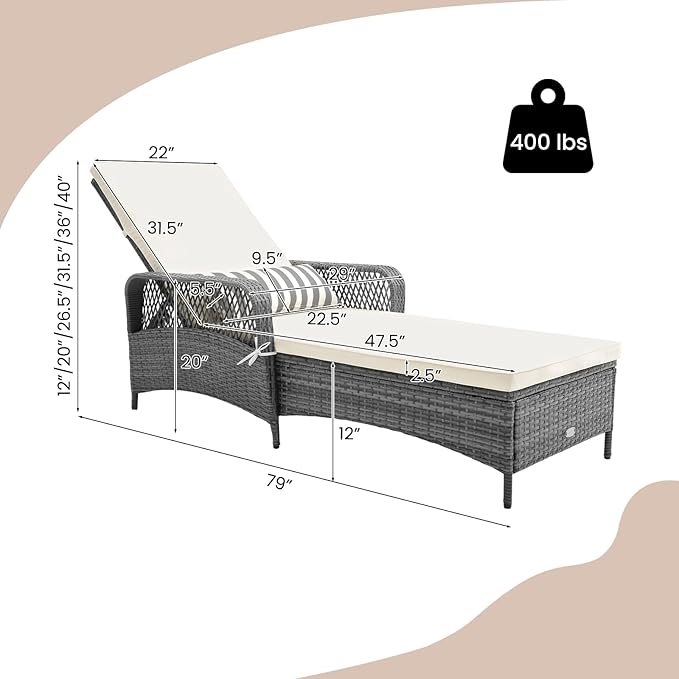 Tangkula Wicker Chaise Lounge Outdoor Set of 2, Patio Rattan Reclining Chaise with 6-Gear Adjustable Backrest, Thick Padded Cushion & Removable Lumbar Pillow, Pool Lounge Chairs for Outside Balcony