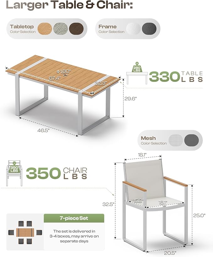 Outdoor Dining Set, HDPS + Aluminum Patio Table and Chairs Set with U-Shaped Base, 7 Piece Outdoor Furniture Set with Umbrella Hole, Patio Dining Table Set for Garden, Backyard (White-Teak)