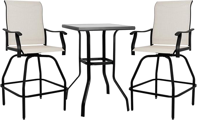 LEVELEVE Patio Bar Set 3pcs Swivel Bar Stools Outdoor Bistro Textilene Furniture Stability All-Weather Set with Height Table (3, Beige Fabric)