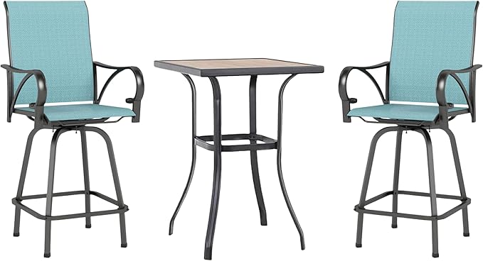 MFSTUDIO 3 Piece Patio Swivel Bar Set, Outdoor Bar Table and Chairs Set, Patio High Top Table and Chairs, Tall Bistro Set Outdoor Bar Height Table with 2 Chairs, Turquoise Blue