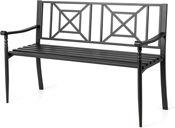 Giantex Metal Outdoor Bench with Backrest, Curved Armrests, Non-Slip Foot Pads, Slatted Seat for 2-3 Persons, Load 660lbs, Loveseat, Patio Bench for Garden, Yard, Poolside, Lawn, Porch, Park, Black