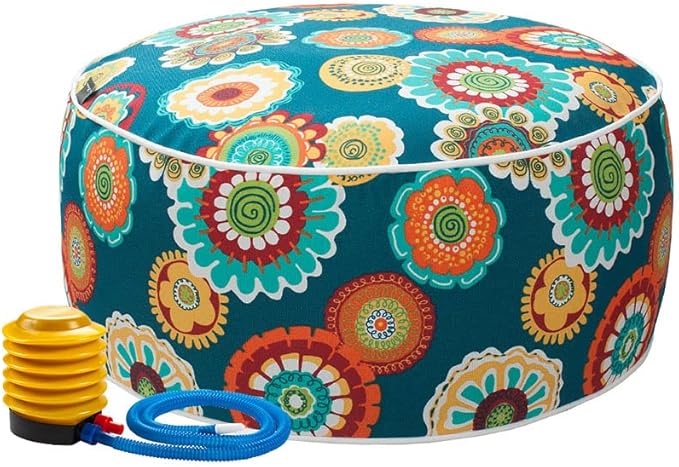 Magpie Fabrics Indoor/Outdoor Inflatable Stool Ottoman Pouf, Water Repellent Round Footrest Footstool with Foot Pump D20 xH9, Portable for Patio Garden Camping or Home, Floral Green