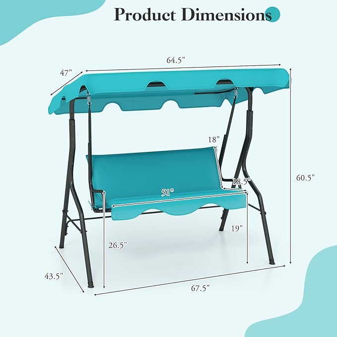 Porch Swing Outdoor, 3 Person Patio Swing w/Removable Cushion, Stand & Adjustable Canopy, Heavy Duty Swing Chair for Patio, Garden, Courtyard, Poolside