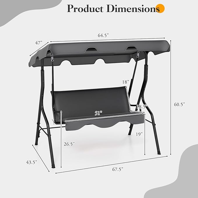 Porch Swing Outdoor, 3 Person Patio Swing w/Removable Cushion, Stand & Adjustable Canopy, Heavy Duty Swing Chair for Patio, Garden, Courtyard, Poolside