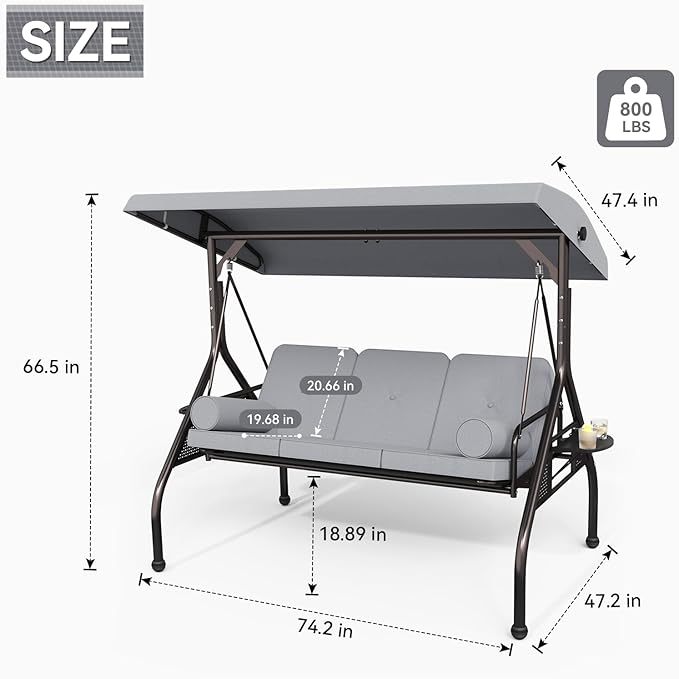 Oakcloud 3-Seat Outdoor Porch Swing with Adjustable Canopy, Large Converting Swing Chair, Patio Swing Glider with Pillows & Thick Cushions for Poolside Balcony Backyard (Grey)