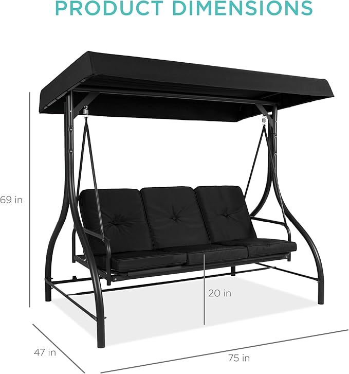 Best Choice Products 3-Seat Outdoor Large Converting Canopy Swing Glider, Patio Hammock Lounge Chair for Porch, Backyard w/Flatbed, Adjustable Shade, Removable Cushions - Black