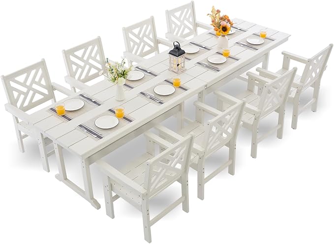 HDPE Dining Table Set for 8,10-Piece Outdoor Table and Chairs Include 8 Dining Chairs and 2 Pcs 62.5" Patio Dining Table with Umbrella Hole (White)