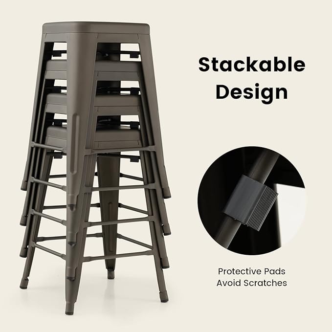 COSTWAY Bar Stools Set of 4, 24” Stackable Metal Stools with Square Seat & Handing Hole, X-shaped Reinforced Design, Comfortable Footrest, Backless Bar Chairs for Kitchen, Dining Room, Pub (Gun, 24‘’)