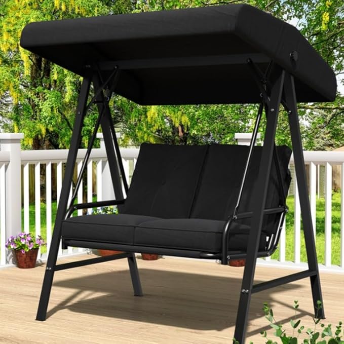 AECOJOY 2-Seat Outdoor Patio Swing Chair with Adjustable Canopy, Porch Swings Chairs for Adult, Outside Swing Bench with Removable Cushion, Suitable for Backyard, Garden, Yard, Poolside, Balcon, Black