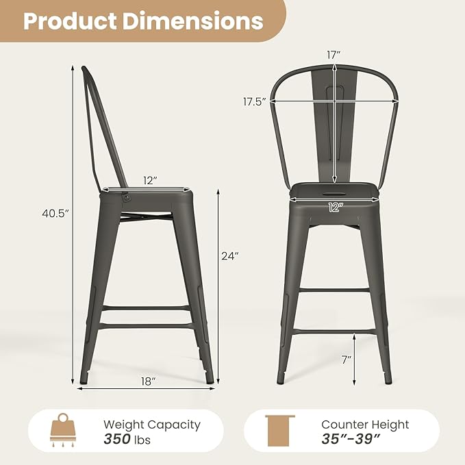 COSTWAY 24'' Metal Bar stools Set of 4, with Removable Back, Counter Height Stools with Rubber Feet, Stylish and Modern Chairs, for Kitchen, Dining Rooms, and Side Bar (Gun-Update, 24'')