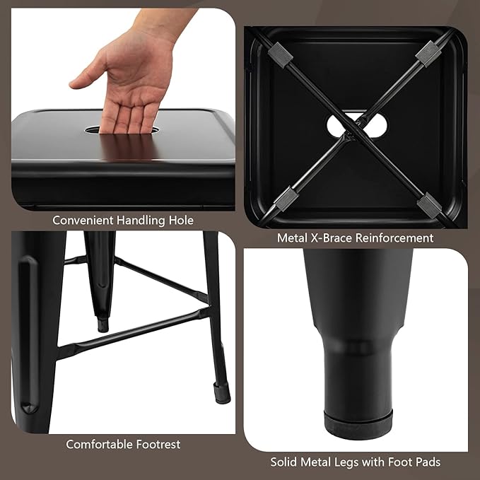 COSTWAY Bar Stools Set of 4, 30” Bar Height Metal Stools with Rubber Footpads & Handling Hole, X-Shaped Reinforced Design, Stackable Stools, for Kitchen, Dining Room, Pub (Black, 30‘’)