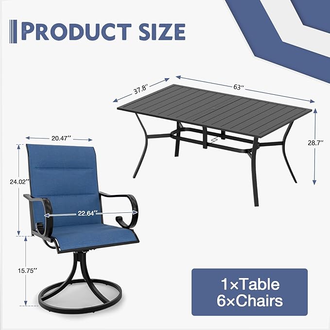 MELLCOM 7 Pieces Outdoor Dining Set, 6 Swivel Rocker Chairs with High Back Textilene & Rectangular Metal Dining Table with Umbrella Hole, Patio Furniture Set for Porch, Garden, Backyard, Blue