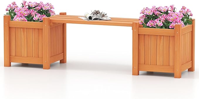 Giantex 2-in-1 Outdoor Bench with 2 Raised Garden Beds, Wood with Teak Oil Finish, Garden Bench Seat with Planter Boxes for Porch Balcony Lawn Yard, DIY Assembly, 42"x11"x11.5"