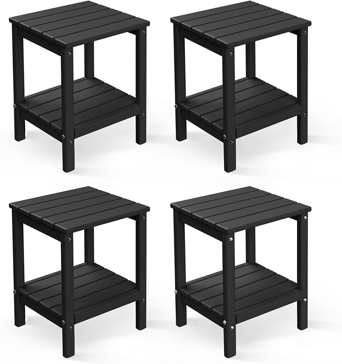 GREENVINES Adirondack-Outdoor-Side-Table | Set of 4 | 14 x 13 Inches | HDPE Plastic | All Weather | Black | Outside End Tables | Storage Shelf | for Patio Porch Backyard Indoor