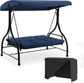 U-MAX Porch Swing with Cover, Patio Swing with Adjustable Backrest&Canopy 3 Seat Outdoor Swing with Canopy 2-in-1 Convertible Patio Daybed with Removable Blue Cushions