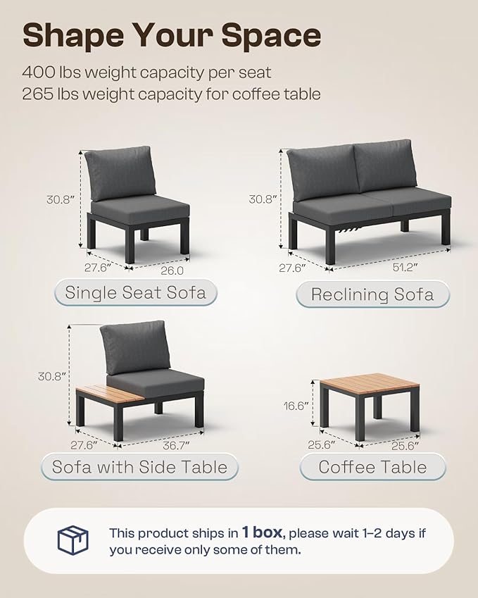 Aluminum Outdoor Patio Sofa Set, 2 Seats Modular Sectional Single Seat Sofa Chairs with Removable Cushions, All-Weather Outdoor Conversation Sets for Garden & Yard, Graphite