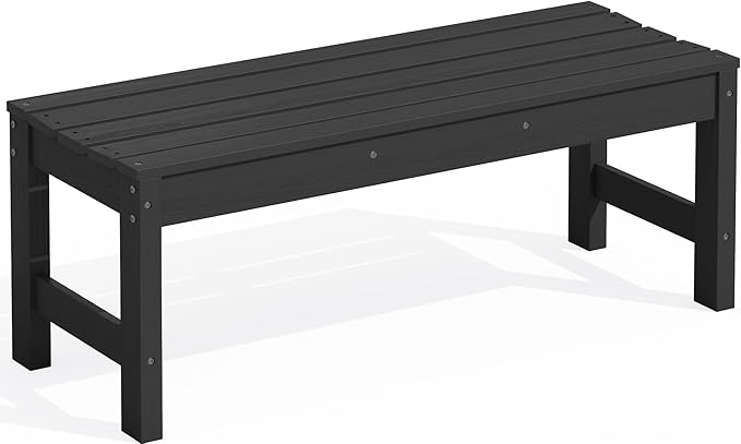 SERWALL 47 Inches Outdoor Bench, All Weather HDPE Backless Bench with Wood Grain Texture for Garden Porch and Park, Curved Bench Seat for Comfort, Black