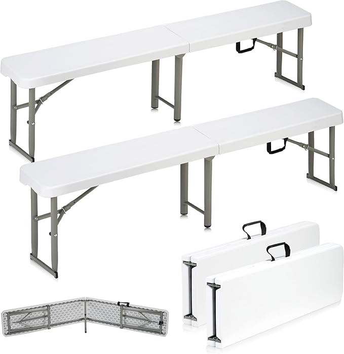 6ft Plastic Folding Bench with Carrying Handle & Lock, Portable Outdoor Bench in Garden Picnic Camping Dining Party Seat, Waterproof Bench for Soccer Activities, Firm and Durable (2Pack A)