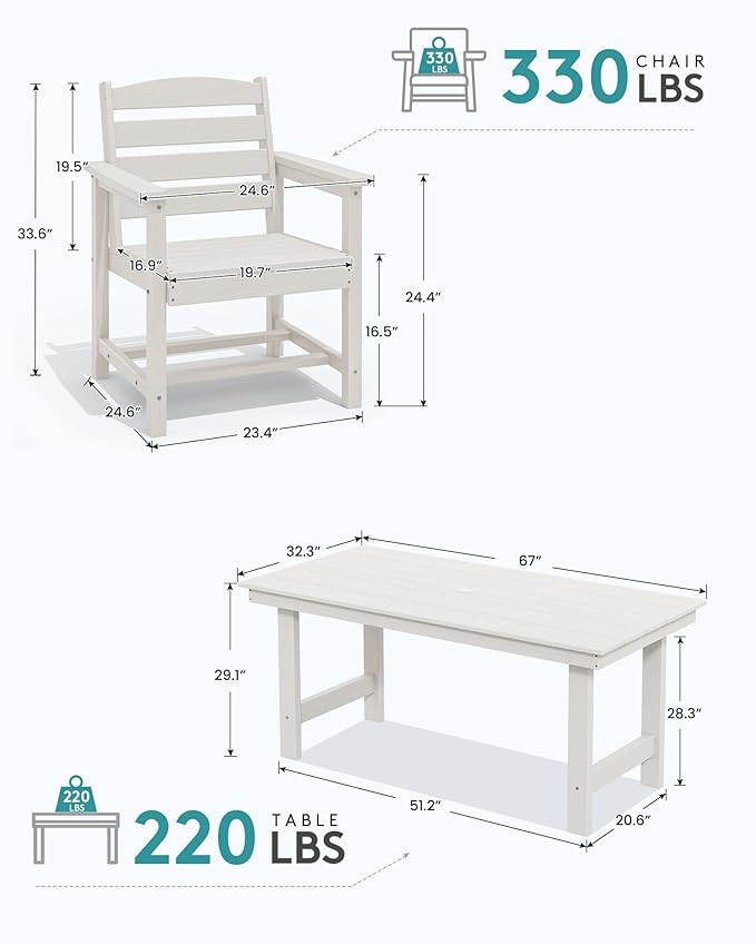 SERWALL HDPE Outdoor Dining Table for 6, 67" Rectangle Patio Dining Table with Umbrella Hole, White