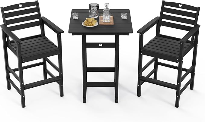 Patio Bar Table,Adirondack Chairs and Table 3 Pieces Set, Bar Height Chairs Set of 2 and Bar Table, Outdoor Bar Stools Set,Weather-Resistant Outdoor Furniture for Deck, Balcony, Poolside Easy Assembly