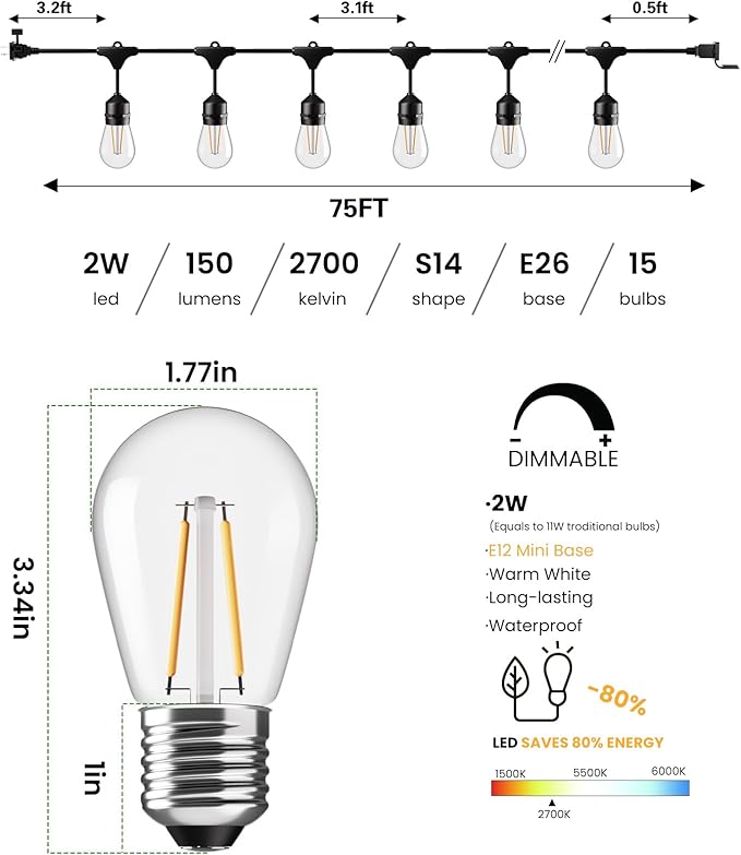 Svater 75 FT Outdoor String Lights 2W, Patio Light for Outside with 26 Antique S14 Plastic LED Bulbs, IP65 Waterproof Hanging Cafe Market Lighting, ETL-Listed Dimmable Warm White