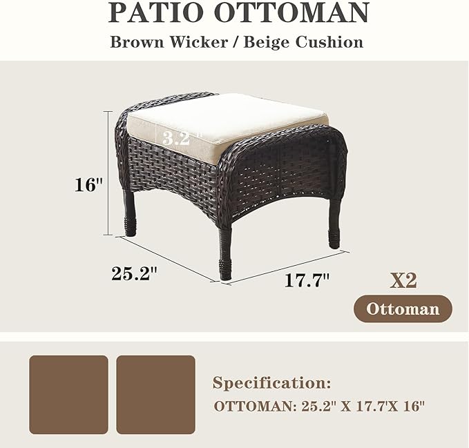 Belord Outdoor Ottomans for Patio Foot Rest - 25 Inch PE Wicker Foot Stool Set of 2 with Removable Cushions for Patio Furniture Sets,All Weather Rattan Ottoman for Balcony Deck Backyard Brown