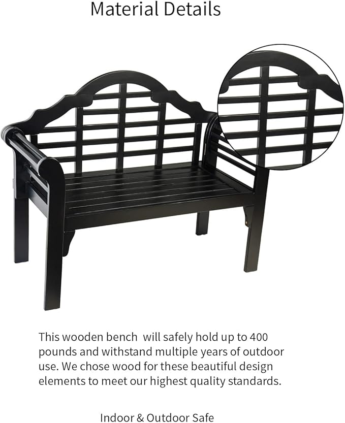 Plow & Hearth Weatherproof Lutyens Eucalyptus Wood Garden Bench | Foldable Patio Bench | Outdoor Furniture Seating for Porch Park Deck | Black