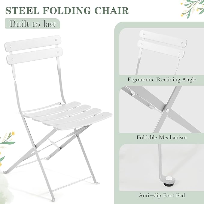 MELLCOM 5-Piece Foldable Patio Dining Set with Rectangular Table and Chairs, Weather-Resistant Iron Outdoor Dining Set for 4 People, Outdoor Table and Chairs for Patio, Yard, Indoor, White