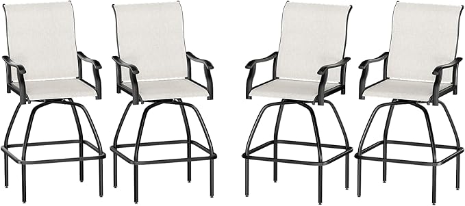 LEVELEVE Patio Bar Set 4pcs Swivel Bar Stools Outdoor Bistro Textilene Furniture Stability All-Weather Set (Beige Fabric)