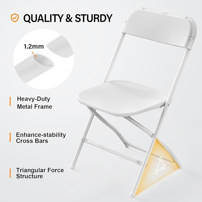 VINGLI 6 Pack White Plastic Folding Chair, Indoor Outdoor Portable Stackable Commercial Seat with Steel Frame 350lb. Capacity for Events Office Wedding Party Picnic Kitchen Dining