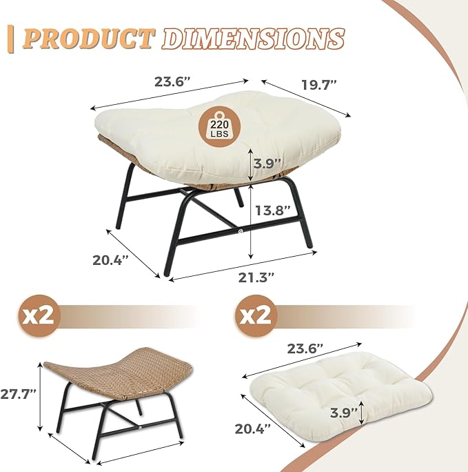 NICESOUL Indoor Outdoor Ottoman Set of 2, Large Wide Double Patio Footstool, PE Rattan Thicken Cushioned Footrest, All-Weather Wicker Furniture for Balcony, Porch, Living Room, Egg Chair, Beige