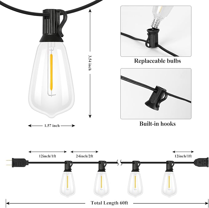 Brightever LED Outdoor String Lights 60FT with 32 Shatterproof ST38 Vintage Edison Bulbs, Outside Hanging Lights Waterproof for Patio, Porch, Deck, Garden, Backyard, Balcony, 2700K Dimmable