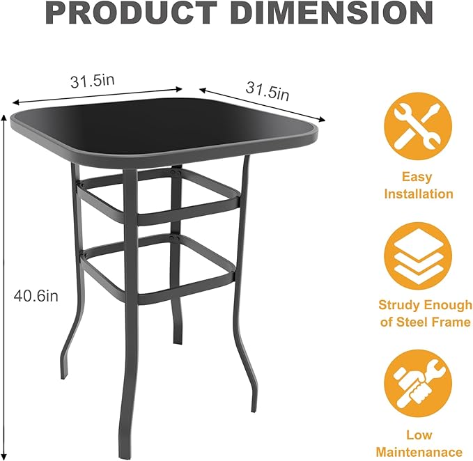 Outdoor Patio Bar Table, 31.5 Inch Tempered Glass Bistro High Top Table All Weather Metal Frame for Deck, Porch, Poolside, Garden