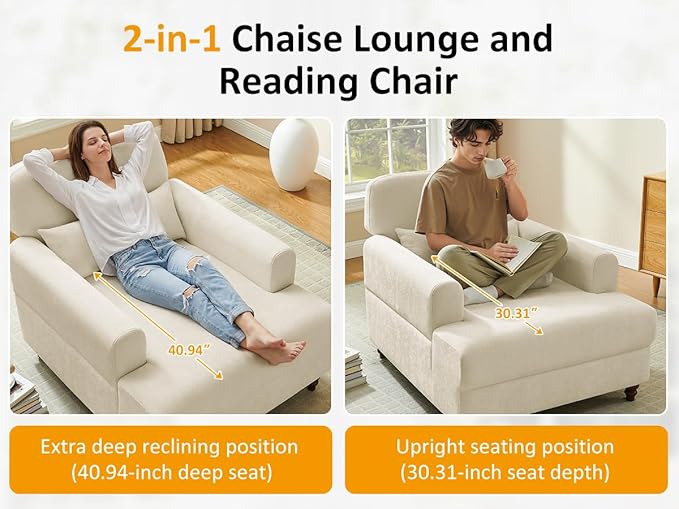 Chaise Lounge Chair Indoor with Adjustable Backrest, Oversized Accent Armchair for Living Room & Bedroom, Upholstered Mid-Century Reading Chair, Comfy Single Sofa Chair, Modern Living Room Chair