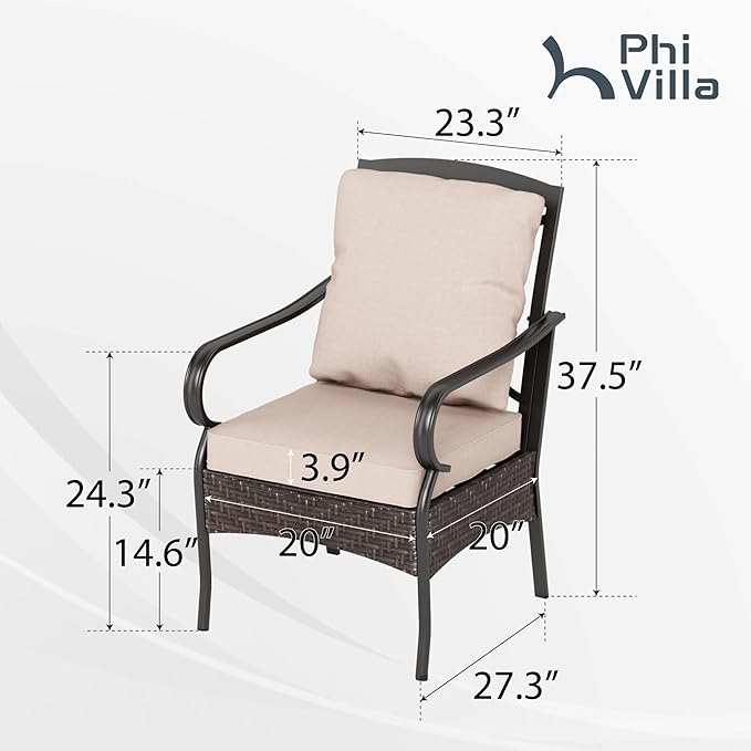 PHI VILLA Patio Dining Chairs Set of 2, Heavy Duty Outdoor Metal Wicker Dining Chair with Padded Cushions, Indoor Outdoor All Weather Wrought Iron Patio Chair Support 300lbs