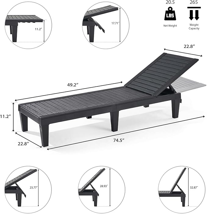 Nestl Patio Chairs - Black Chaise Lounge Chair Outdoor, 5-Position Adjustable Sun Tanning Chair, Waterproof Pool Lounge Chairs Set of 4, Reclining Lawn Chair, Lightweight Outdoor Lounge Chairs