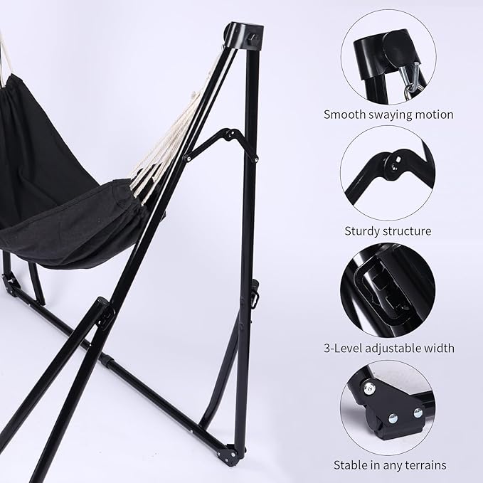 2 in 1 Hammock with Stand - Portable Hammock & Swing Chair, No Tools Assembly, with Carry Bag, Indoor Outdoor for Patio, Garden, Camping, Apartment (Black)