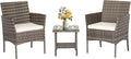 FDW 3 Piece Outdoor Furniture Set Patio Gray Wicker Chairs Furniture Bistro Conversation Set 2 Rattan Chairs with Khaki Cushions and Glass Coffee Table for Porch Lawn Garden Balcony Backyard