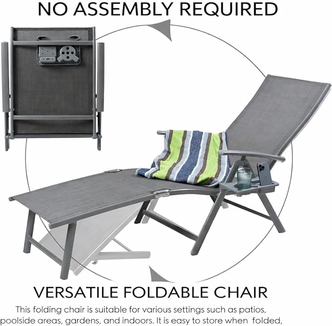 Kozyard Aluminum Outdoor Chaise Lounge Chair, Adjustable Reclining Patio Lounge with Drink Holder, Weather-Resistant Pool, Deck & Yard Recliner,Assemble-Free (Gray, 2Chairs)