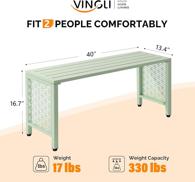 VINGLI 40in Outdoor Metal Bench, All-Weathe Backless Patio Bench with Slatted Seat＆Floral Side Panels, Rust-Resistant Garden Bench, Weatherproof Outdoor Seating for Porch Entryway Backyard (Green)