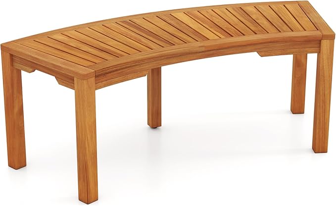 Tangkula Outdoor Curved Bench, Acacia Wood Fire Pit Bench w/Slatted Seat, Patio Backless 2-Person Seating for Porch, Yard, Garden, 800 LBS Max Load, Oil Painted (1, 45")