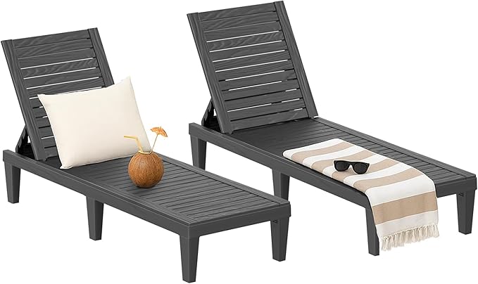 ROJIK Outdoor Chaise Lounge Chair Set of 2,with 5-Position Adjustable Backrest,Waterproof & Lightweight | Durable Indoor/Outdoor Patio Lounger Chair for Garden Pool Beach,Black
