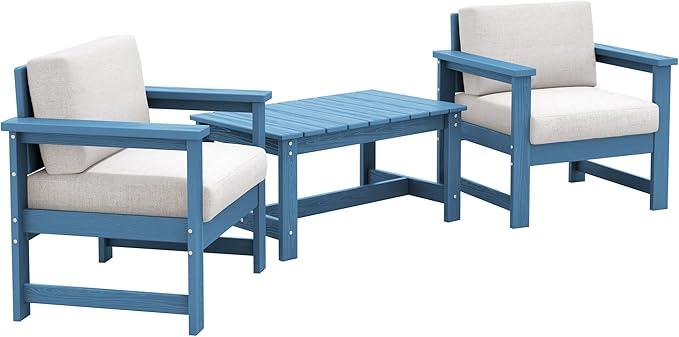 SERWALL 3 Pieces HDPE Outdoor Sofa Bistro Set with Cushion, Patio Outdoor Furniture Sofa Sets with Porch Chairs and Coffee Table, Blue Frame/Khaki Cushion