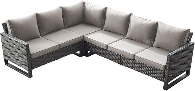 Belord Outdoor Sectional Sofa 6 Seater L Shaped Couch Wicker Patio Conversation Furniture Set Rattan Outdoor Furniture with Removable Washable Cushion, Brown/Grey