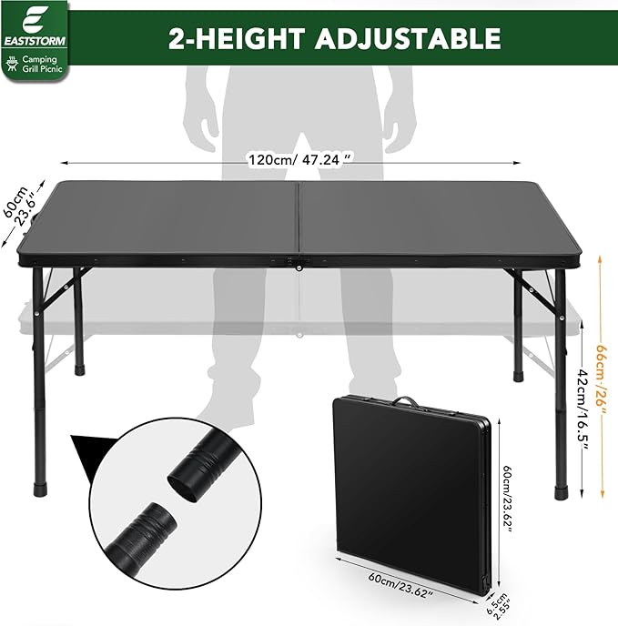 4ft Folding Table with Adjustable Height, Solid Metal Iron Top Portable Camping Table, Compact Grill Table for Outdoor Picnic, Patio, Garden, Party, Market | Great Gift for Campers, Black